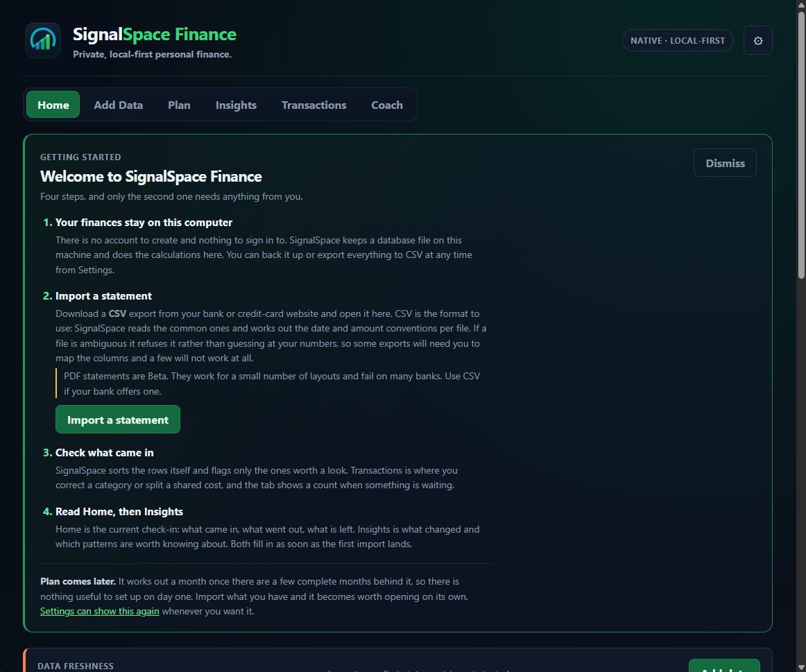 SignalSpace Getting started checklist on a new empty profile